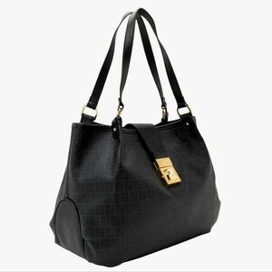 FENDI Black Gold Zucchino Chiusura Tote Shoulder Bag AUTHENTIC